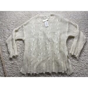 Anthropologie The Posey Stitchy Distressed Wool Blend Ivory Sweater Size L NWOT